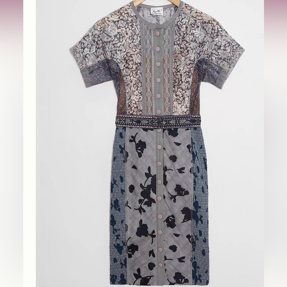 Anthropologie Beguile Byron Lars Belleza Lace Appliqué Gray Sheath Dress